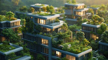 A row of apartment buildings with green roofs and balconies