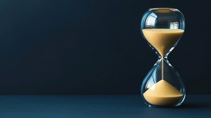 A sand timer is on a table with a blue background