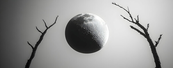 The moon shines brightly in the sky, framed by two bare branches, in this black and white nature photo.