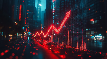 Poster - a red line with an arrow pointing upwards is displayed on a city street. concept of progress and gro