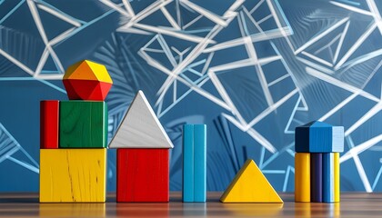 Sticker - Vibrant arrangement of wooden blocks and geometric shapes on a table, contrasting against a blue wall adorned with white geometric designs