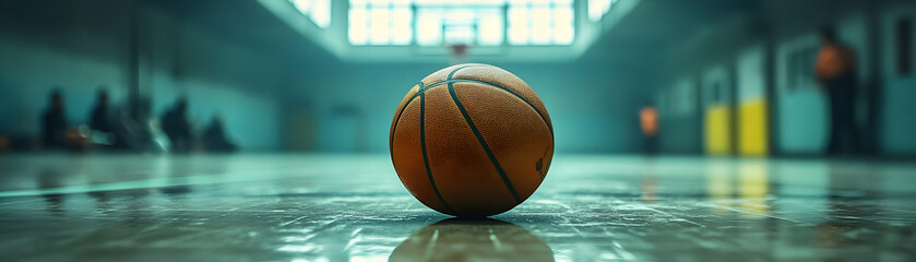 Basketball Rests on Empty Court with Blurred Players, Ready for the Game to Begin