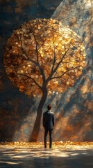 Man in suit standing in front of a golden coin tree.