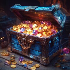 Treasure chest filled with gold coins and gems