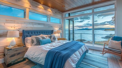 Wall Mural - beautiful waterfront condo bedroom with blue colors throw pillows blanket bed against a shiplap wall and floor to ceiling windows showing an expansive view of the pacific ocean in pacific northwest