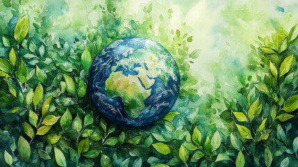 Canvas Print - Watercolor painting of Earth surrounded by lush green leaves.