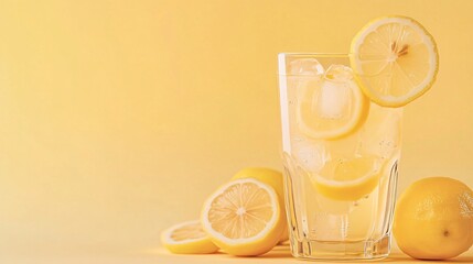 Poster - Glass of lemonade with lemon slices and ice cubes on yellow background.