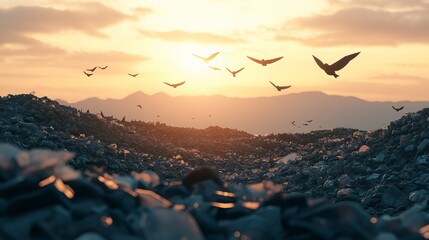 Sunset Over Waste Land with Birds Flying