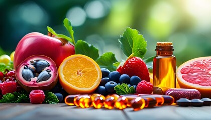 Vibrant display of fruits, pills, and capsules in a natural setting highlighting the significance of healthy living