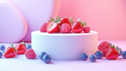 Beautiful 3D rendering of a white circular podium with various red and purple berries beautifully arranged. Perfect for product display, helping in multiple media designs.