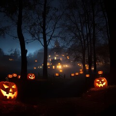 Spooky night background, a dark forest with glowing jack-o'-lanterns hanging from the trees, lighting a path
