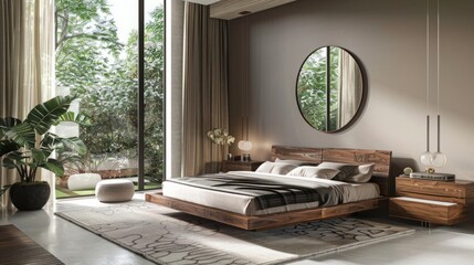 Wall Mural - Bedroom with mirror and wood design. Brown bed design.