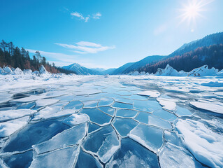 Blue ice and cracks on the surface of the ice, Frozen lake under a blue sky in the winter