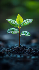 Canvas Print - A small green sprout emerges from the dark soil, symbolizing new life and growth.