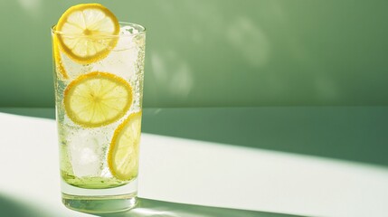 Poster - Glass of sparkling water with lemon slices and ice cubes.