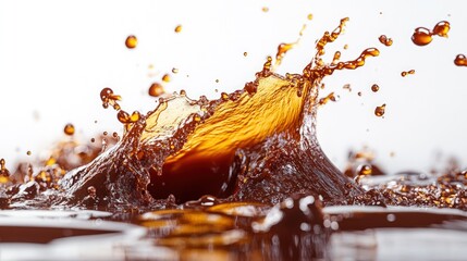 Close-up of a splash of brown liquid against a white background.