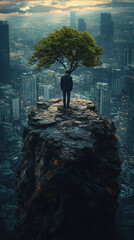 Wall Mural - Man standing on a rock overlooking the city, a tree growing on top of the rock.