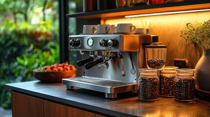 Wall Mural - Espresso Machine and Coffee Beans on a Countertop