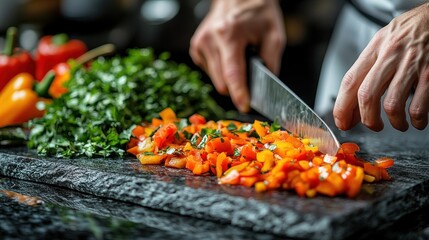 Canvas Print - Close-up of Chef Chopping Bell Peppers