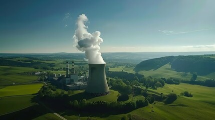 Aerial view of modern nuclear power plant with cooling towers emitting steam against clear blue sky, surrounded by lush green fields, symbolizing clean energy and environmental balance.