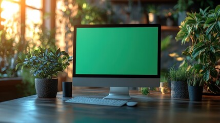 Wall Mural - Desktop Computer with Green Screen and Plants