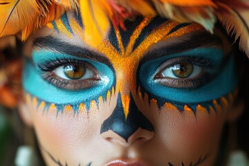 Wall Mural - Close-up Portrait of a Woman with Colorful Face Paint