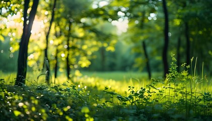 Serene forest landscape with sunbeams filtering through lush green trees and vibrant wild grass