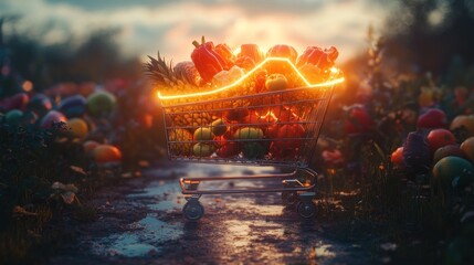 Wall Mural - Shopping Cart Filled with Fresh Produce in a Field