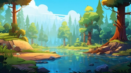 Wall Mural - Tranquil Forest Stream with Lush Greenery and Clear Blue Water