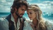 © CinimaticWorks - love by the sea a handsome man and a beautiful blonde woman in pirate vintage clothing sitting on the beach with the ocean in the background enjoying a romantic adventure