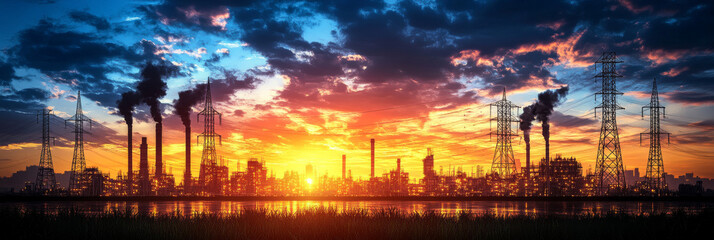 Wall Mural - Silhouetted industrial skyline at sunset with smoke plumes rising from chimneys.