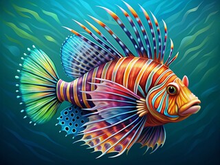 Wall Mural - Intricate Vector Illustration of a Colorful Lionfish with Detailed Fins and Vibrant Patterns