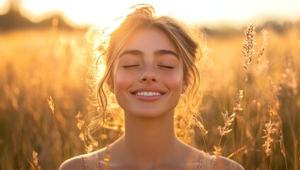 Poster - Smiling Woman in a Field at Sunset