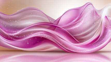 Poster - Delicate pink and white fabric waves flowing gracefully on a soft background with shimmering accents in a minimalist style