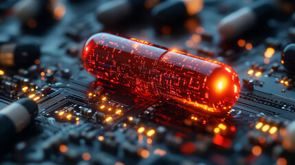 Wall Mural - A glowing red pill on a circuit board.