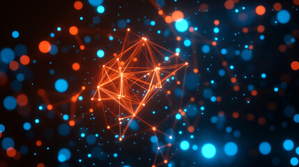 Aufkleber - Vivid abstract composition of orange and blue glowing dots and lines creating a dynamic network on a dark background