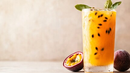 Poster - Passion fruit juice with ice and a whole passion fruit.