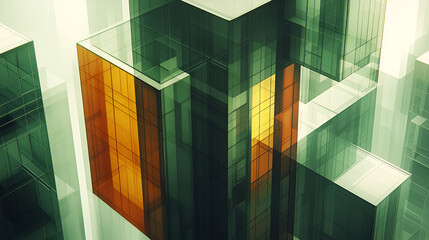 Aufkleber - Abstract geometric structures in layered glass creating a dynamic urban landscape with green and amber reflections