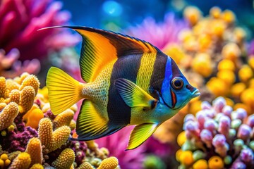 Sticker - Juvenile Pinnate Batfish Swimming Gracefully Among Colorful Coral Reefs in Clear Tropical Waters