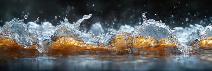 Water droplets splash creating a wave on a dark surface.