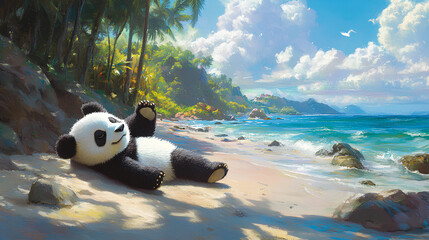 A panda relaxing on a sunny beach, enjoying the serene coastal environment.