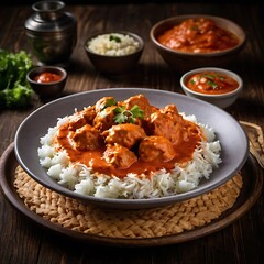 Delicious juicy tasty butter chicken dish well cooked with Tomato sauce with some vegetable served, traditional butter chicken, tasty butter chicken curry dish