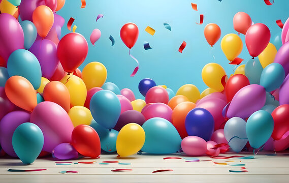 A bunch of colourful balloons with dynamic flying confetti on a gradient background