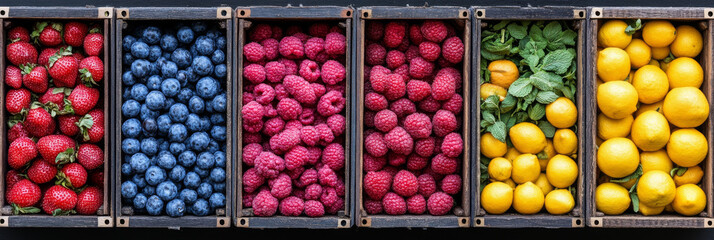 Assortment of fresh fruits in wooden crates.