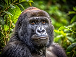 Wall Mural - Majestic Gorilla Staring Intently into the Distance in a Natural Habitat with Lush Greenery Surrounding