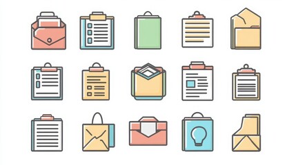 Document thin line icon set. Containing file folder, document with chart, envelope with document, signed contract, scanned document, clipboard with checklist