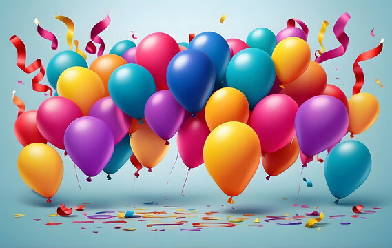 A bunch of colourful balloons with dynamic flying confetti on a gradient background
