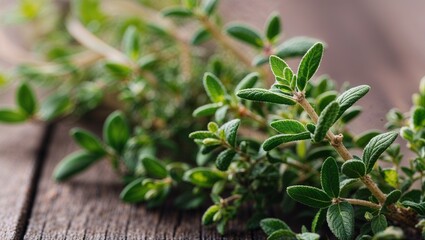 Fresh thyme sprigs with tiny green leaves closeup