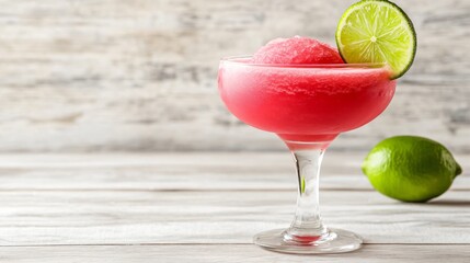 Red slush cocktail with lime in a glass on wooden table.