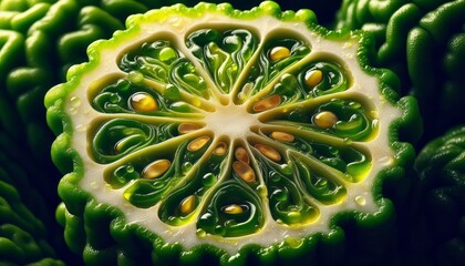 A detailed close-up image of a kaffir lime cut in half, showcasing its unique segmented structure, vibrant green color, and juicy interior. The photo highlights the lime's aromatic and flavorful quali